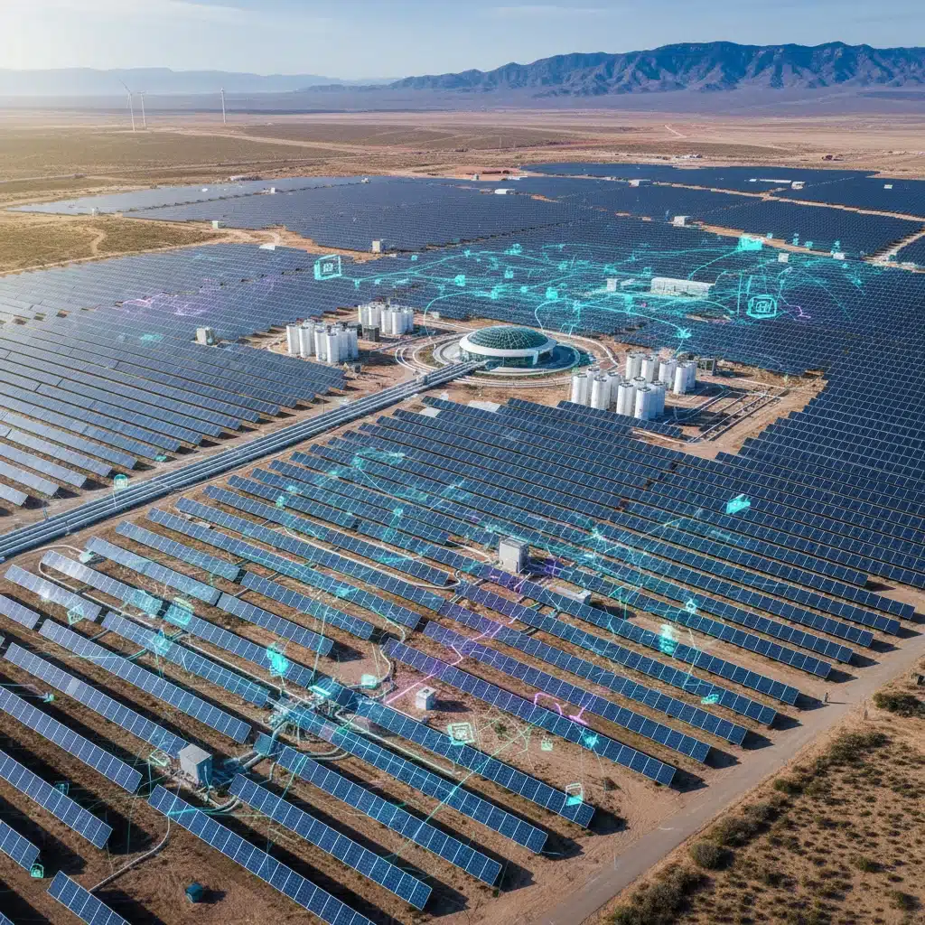 Aerial view of a smart commercial solar farm with integrated grid technology