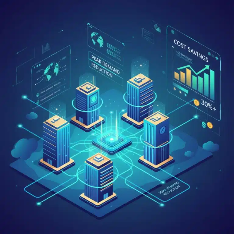 Smart grid optimizing energy for businesses, showing cost savings and efficiency.