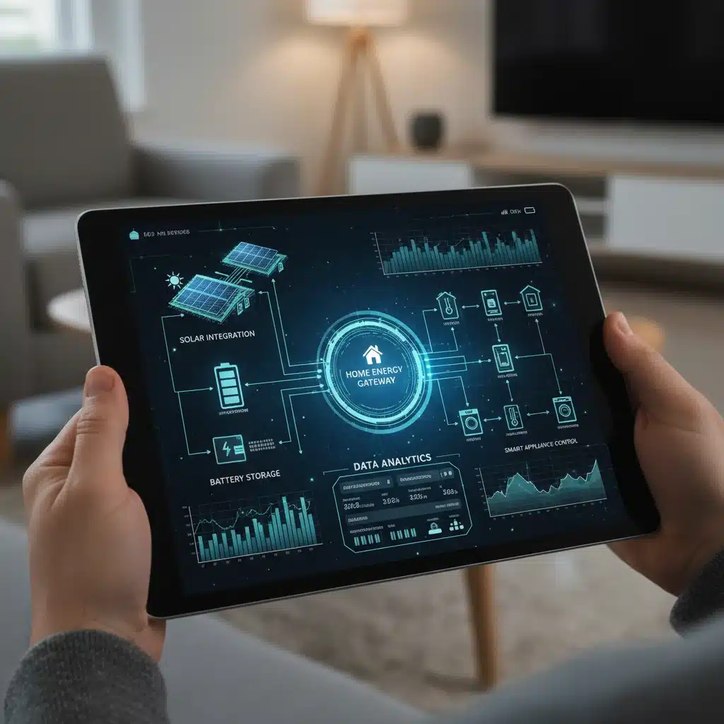 Smart home energy management system interface on a tablet showing solar integration