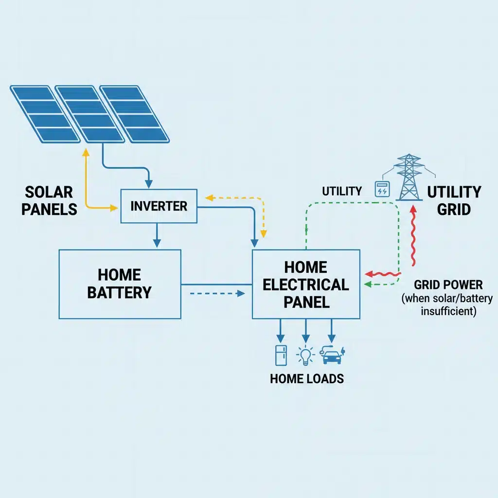 Diagram showing the integration of solar panels, home battery, and electrical grid for energy management.