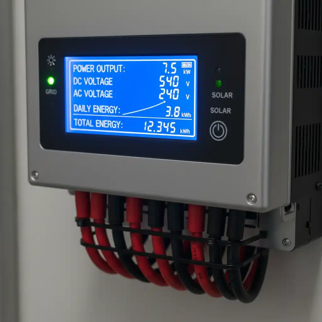 Close-up of a solar inverter display showing system performance metrics and healthy operation.