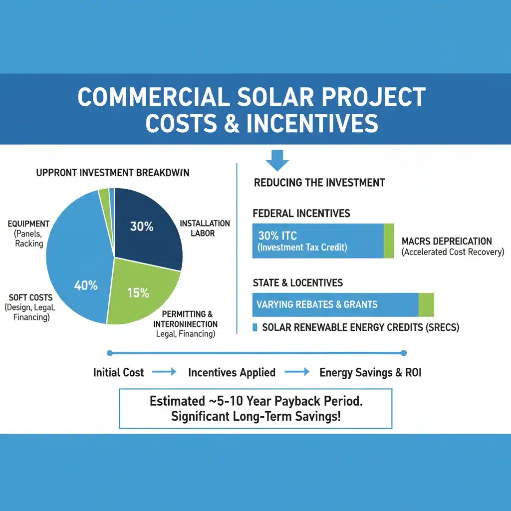 Infographic showing commercial solar project cost breakdown and available financial incentives.