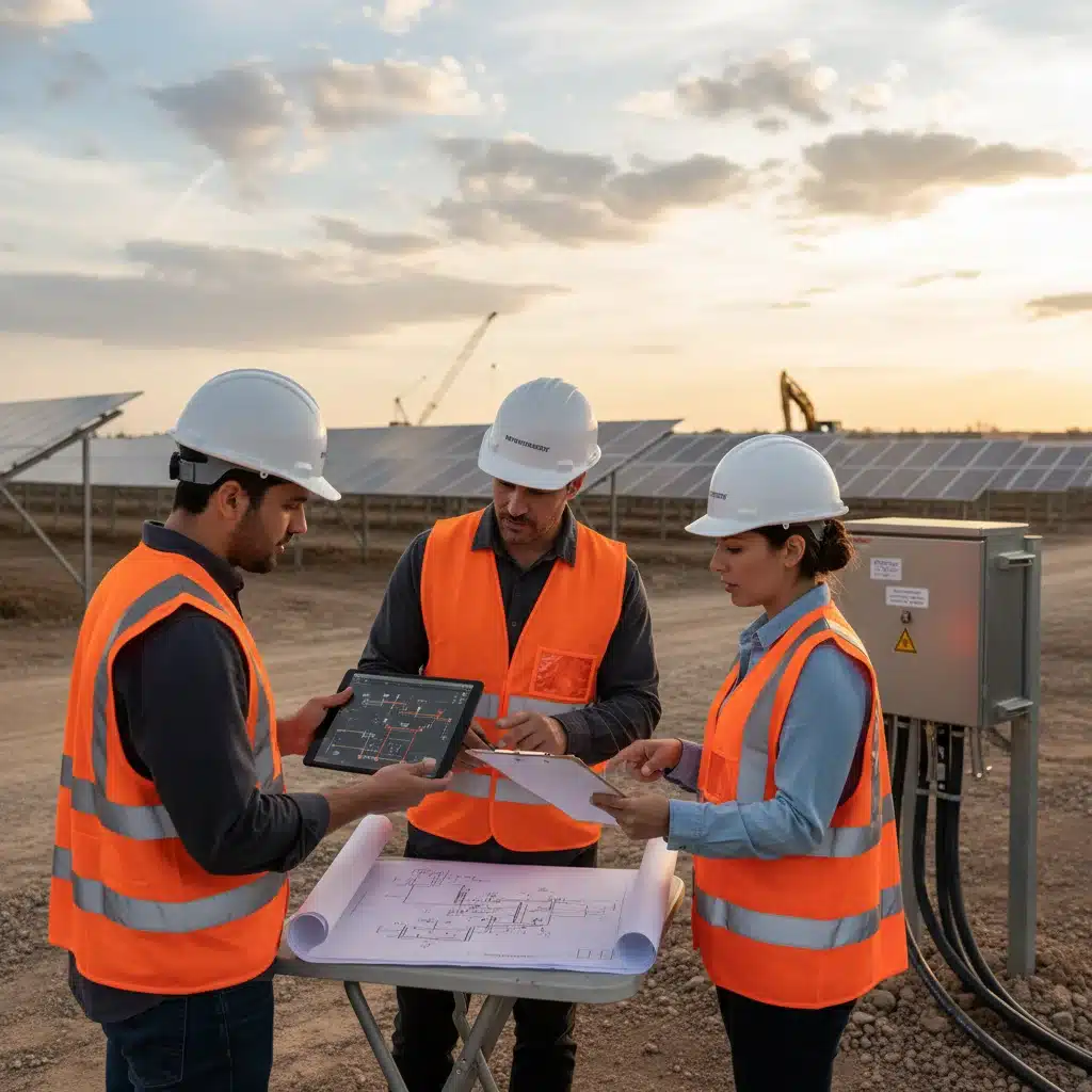 Engineers reviewing commercial solar project plans and grid interconnection schematics.