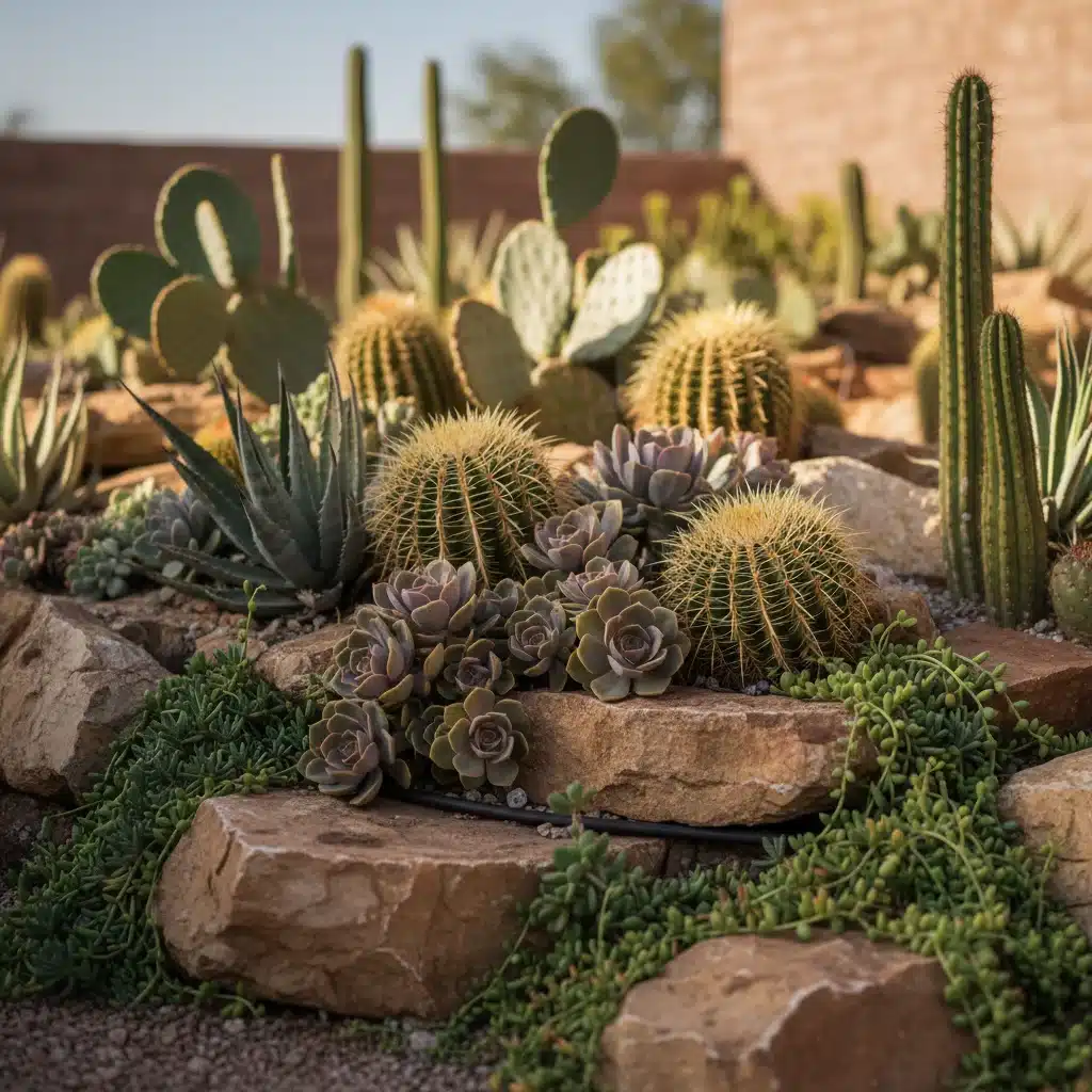 Variety of succulents and cacti in a water-wise rock garden