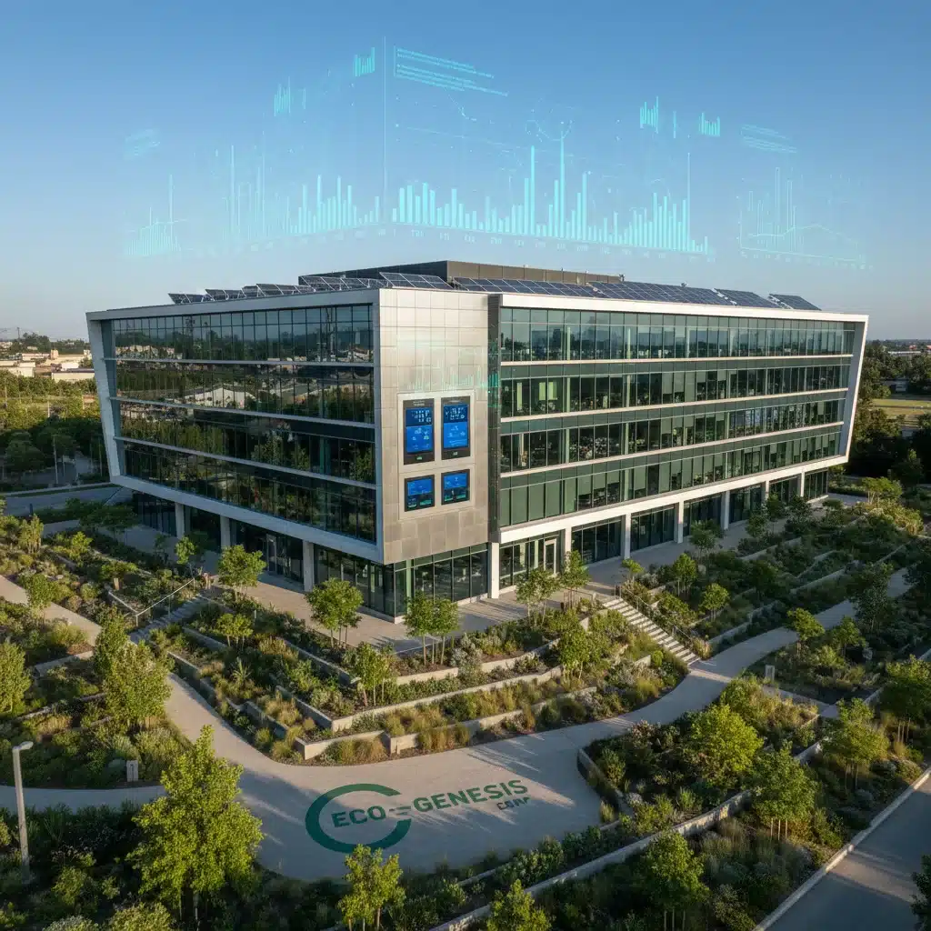 Sustainable office building with solar panels and smart energy management.