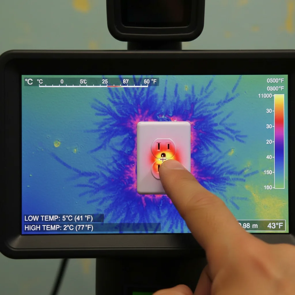 Thermal camera detecting air leak around electrical outlet