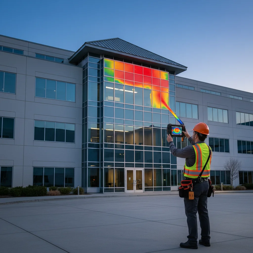 Technician using thermal camera on building exterior for energy audit.