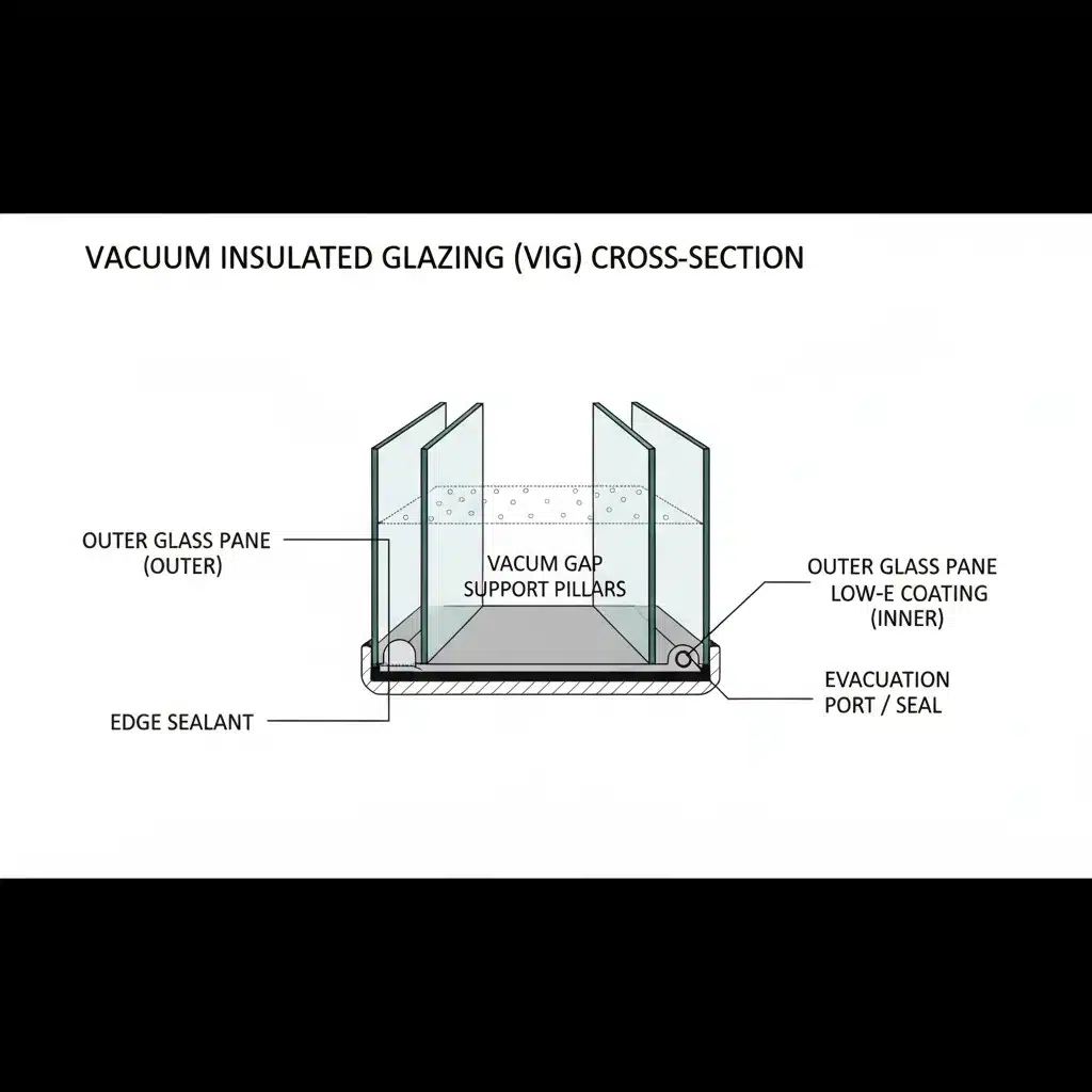 Diagram of vacuum insulated glazing layers and components