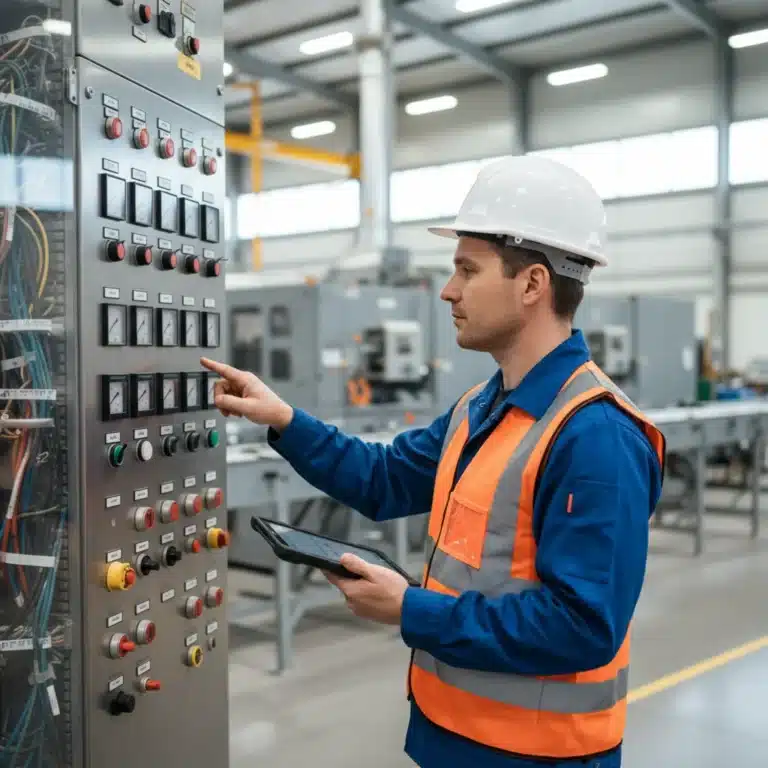 Professional conducting a business energy audit on an industrial control panel.