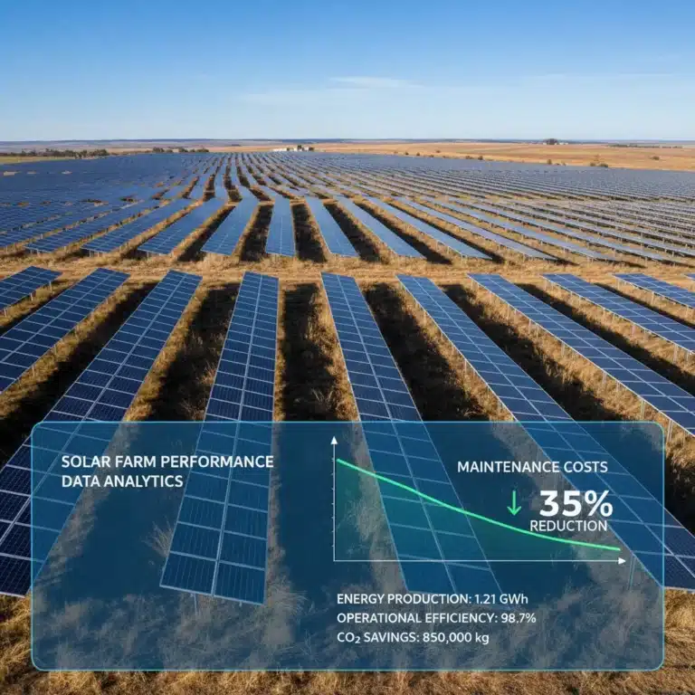 Commercial solar farm with digital overlay showing reduced maintenance costs.