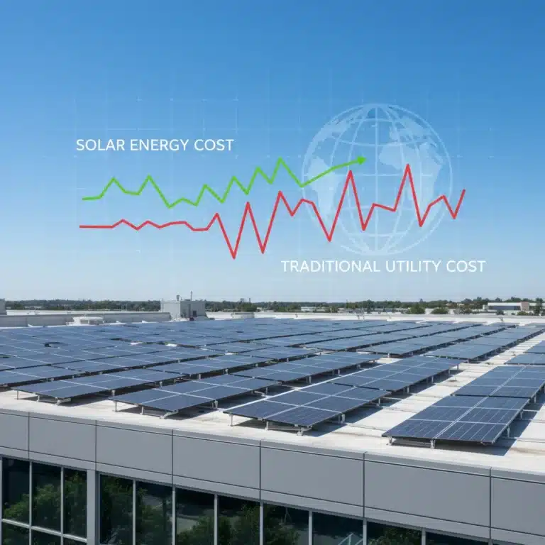 Commercial building with rooftop solar panels under a clear sky, symbolizing energy independence and cost savings.