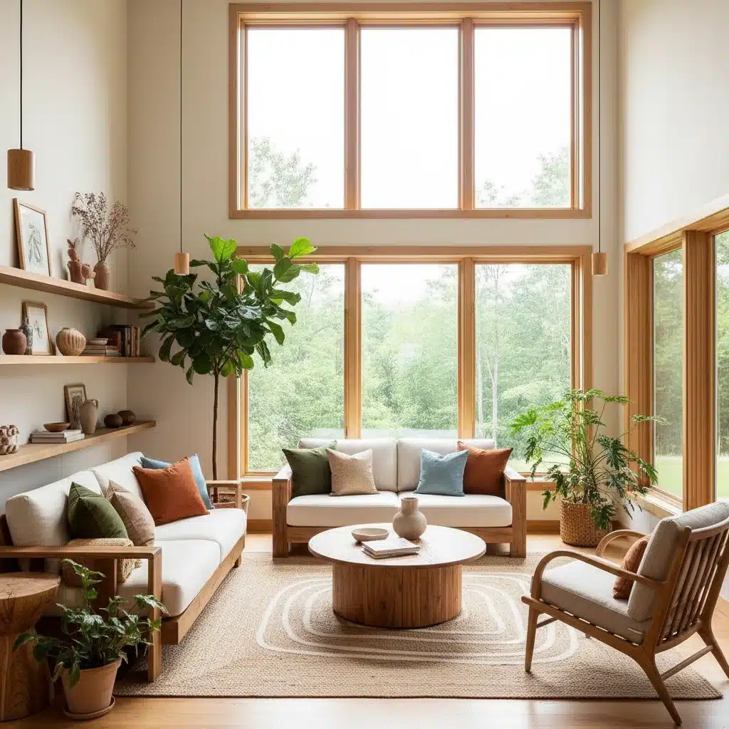 Bright living room with energy-efficient windows and sustainable decor, highlighting comfort and eco-friendliness.