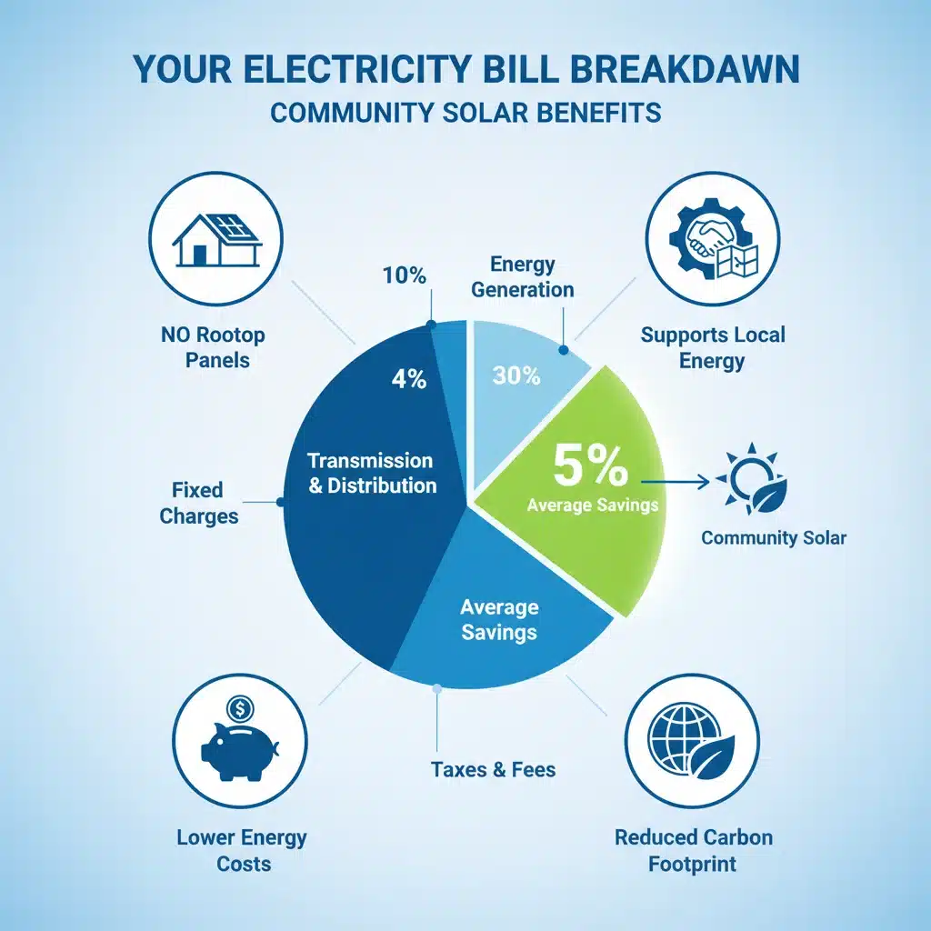 Infographic detailing electricity bill savings and benefits from community solar participation