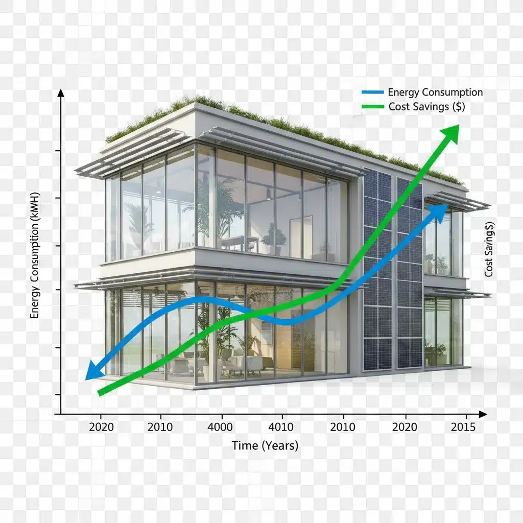 Graph illustrating decreasing energy consumption and increasing cost savings.