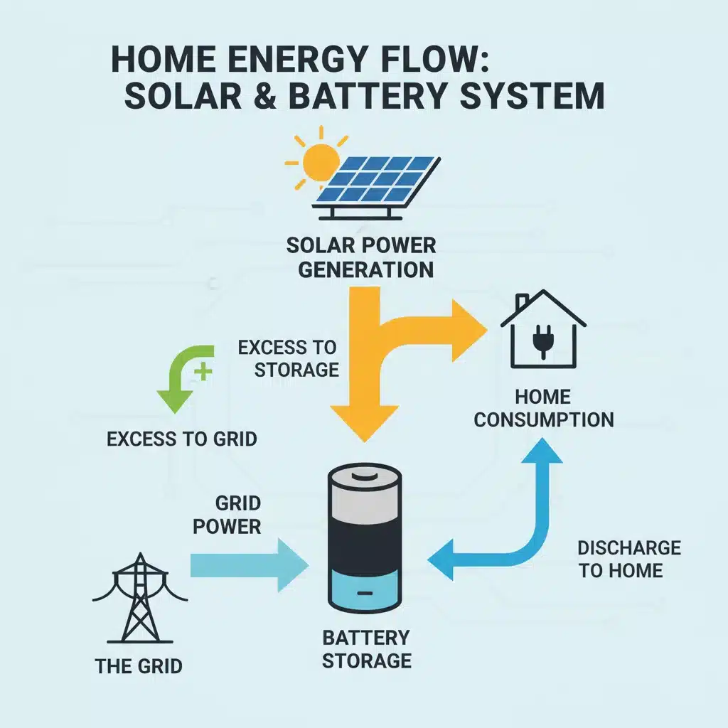 Infographic showing energy flow from solar panels to battery storage and home consumption.