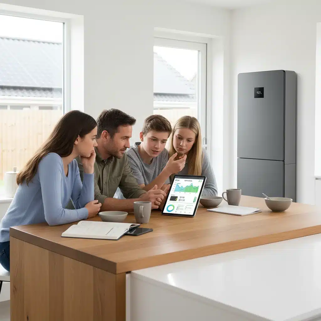Family discussing home solar energy optimization and battery storage solutions