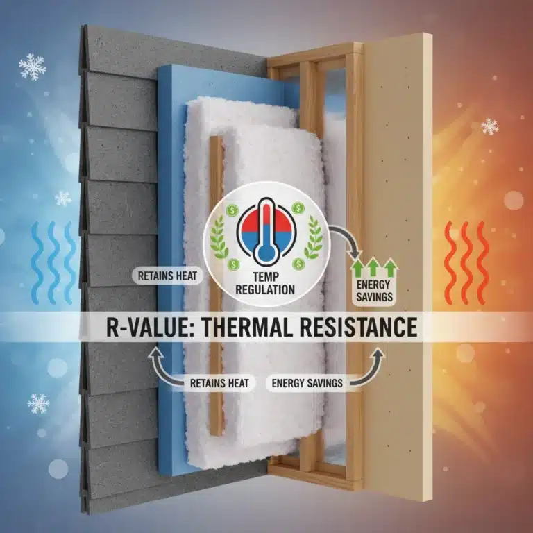 Illustration of home insulation layers demonstrating R-value for energy savings
