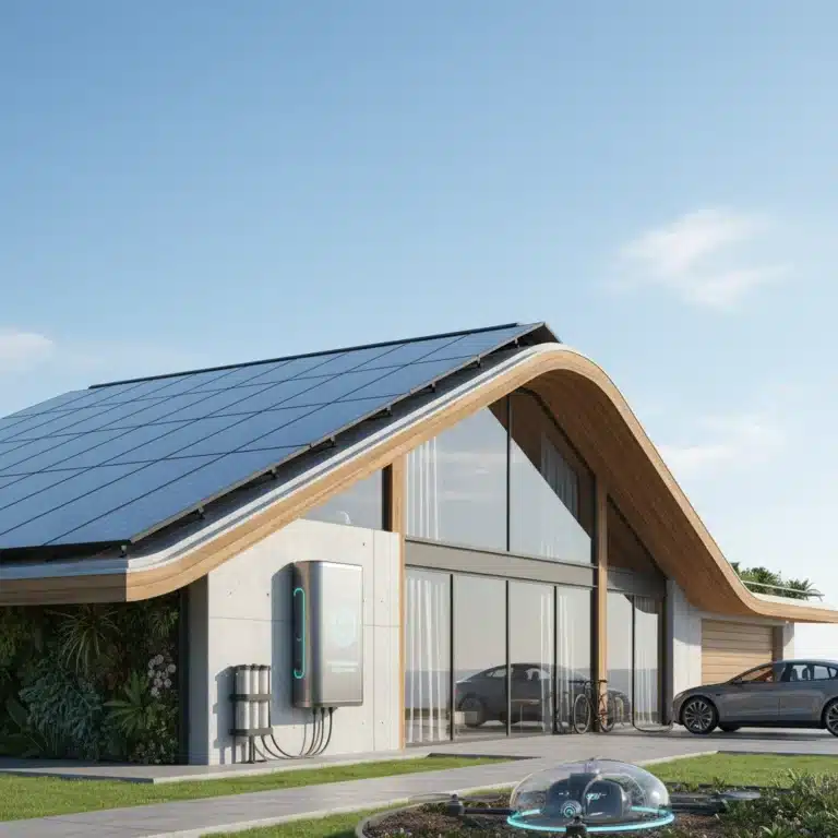 Modern home with solar panels and a visible solar battery storage system, symbolizing energy independence.