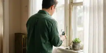 Homeowner applying caulk to a window frame, emphasizing energy efficiency before solar panel installation.