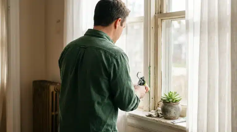 Homeowner applying caulk to a window frame, emphasizing energy efficiency before solar panel installation.
