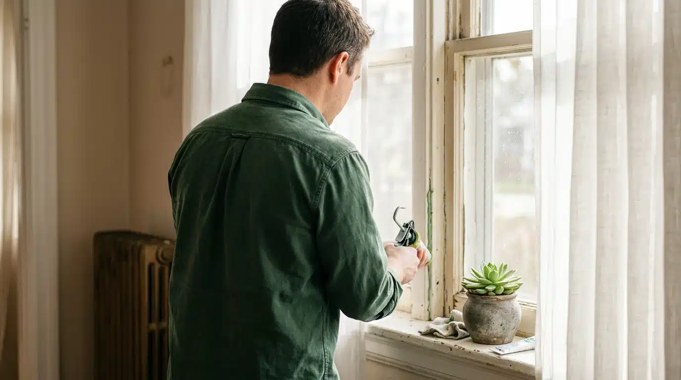Homeowner applying caulk to a window frame, emphasizing energy efficiency before solar panel installation.