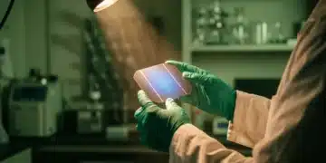 Close-up of a scientist in green gloves holding a monocrystalline silicon solar cell wafer, glowing under focused lab light, illustrating the photovoltaic effect in a green-tinted lab.