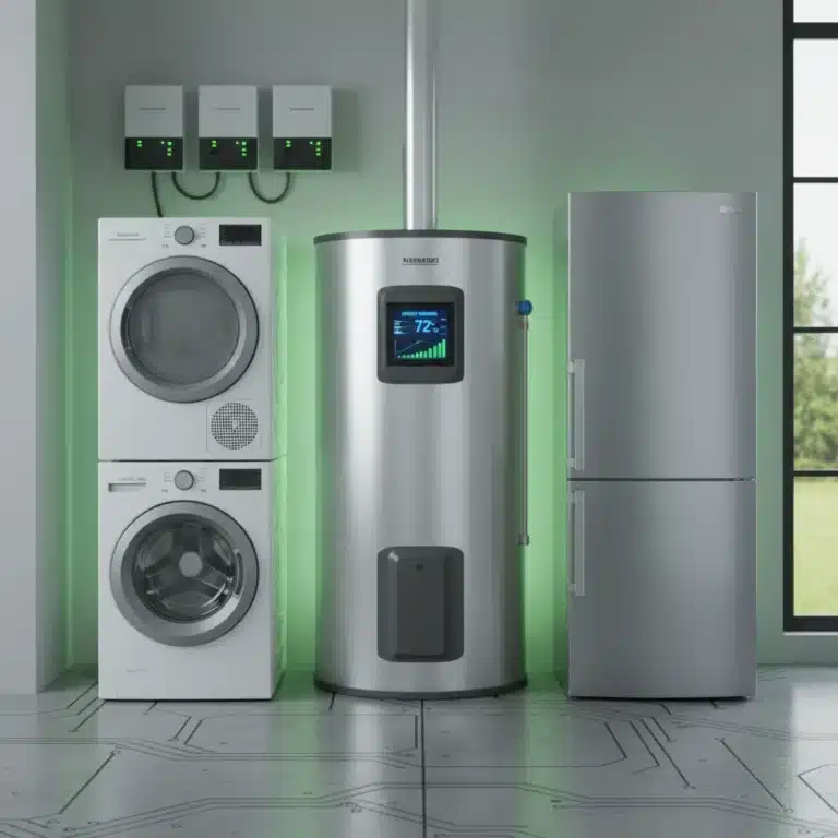 Modern heat pump water heater with digital display in an energy-efficient home