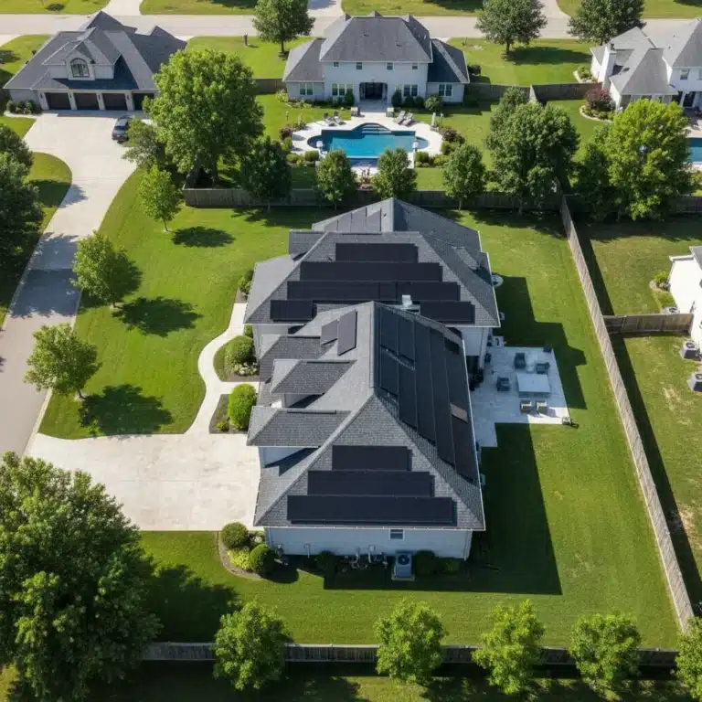 Modern home with extensive residential solar panel technologies installed on its roof for maximum energy efficiency.