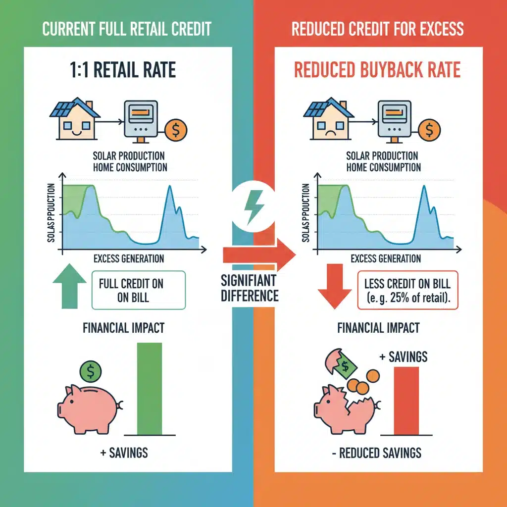 Infographic comparing current net metering policies with future reduced credit policies