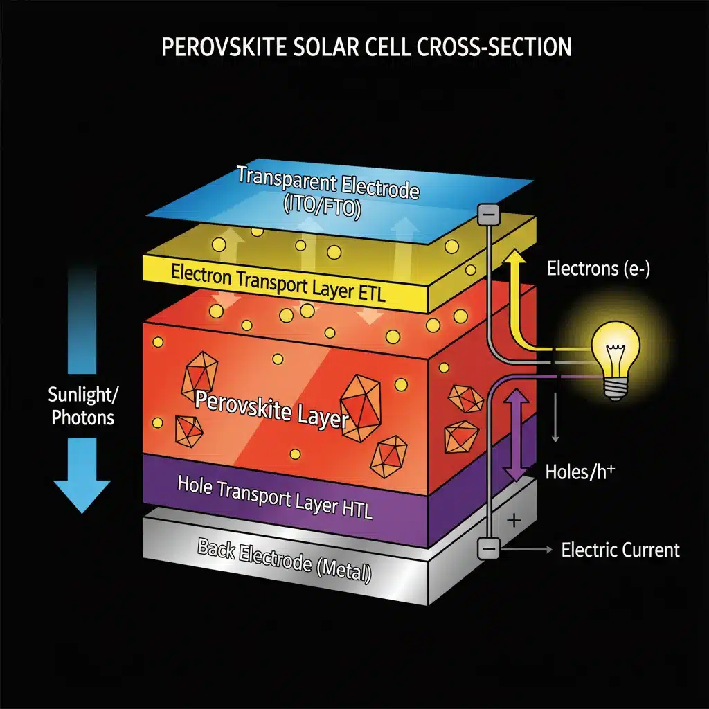 Detailed diagram of a perovskite solar cell, illustrating its advanced layered structure and energy conversion process.
