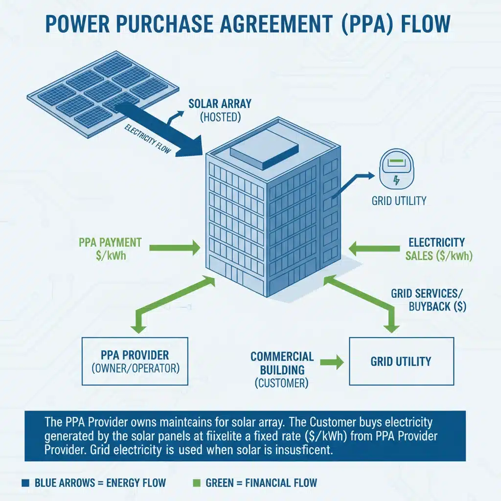 Diagram illustrating the energy and payment flow in a Commercial Solar PPA.