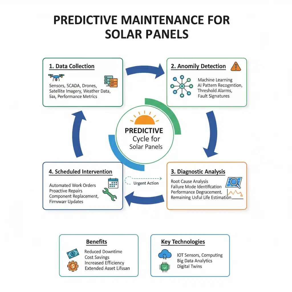 Infographic illustrating predictive maintenance cycle for solar panels.