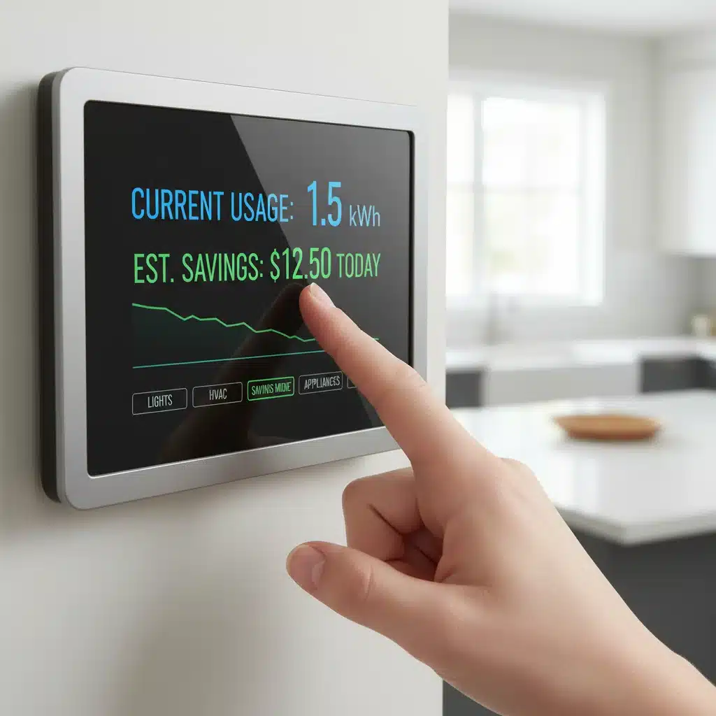 Smart home energy monitor showing reduced consumption, emphasizing cost savings.