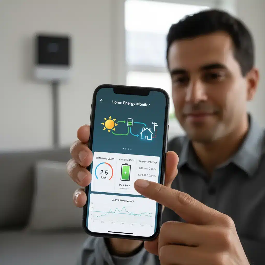 Homeowner monitoring solar battery system via smartphone app, showing energy data.