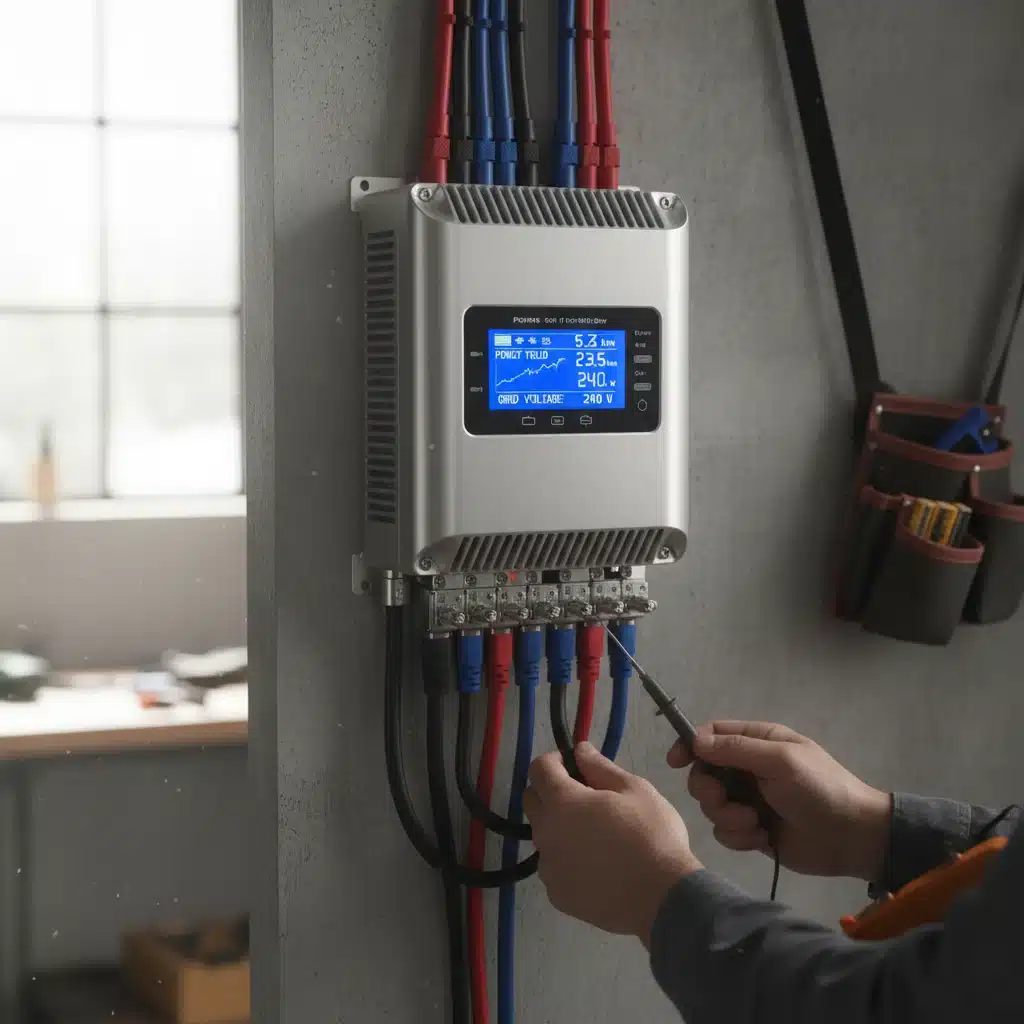 Technician checking real-time data on a solar inverter.