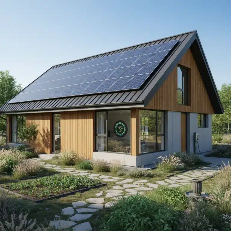 Modern sustainable home with solar panels and green landscaping, symbolizing increased property value.