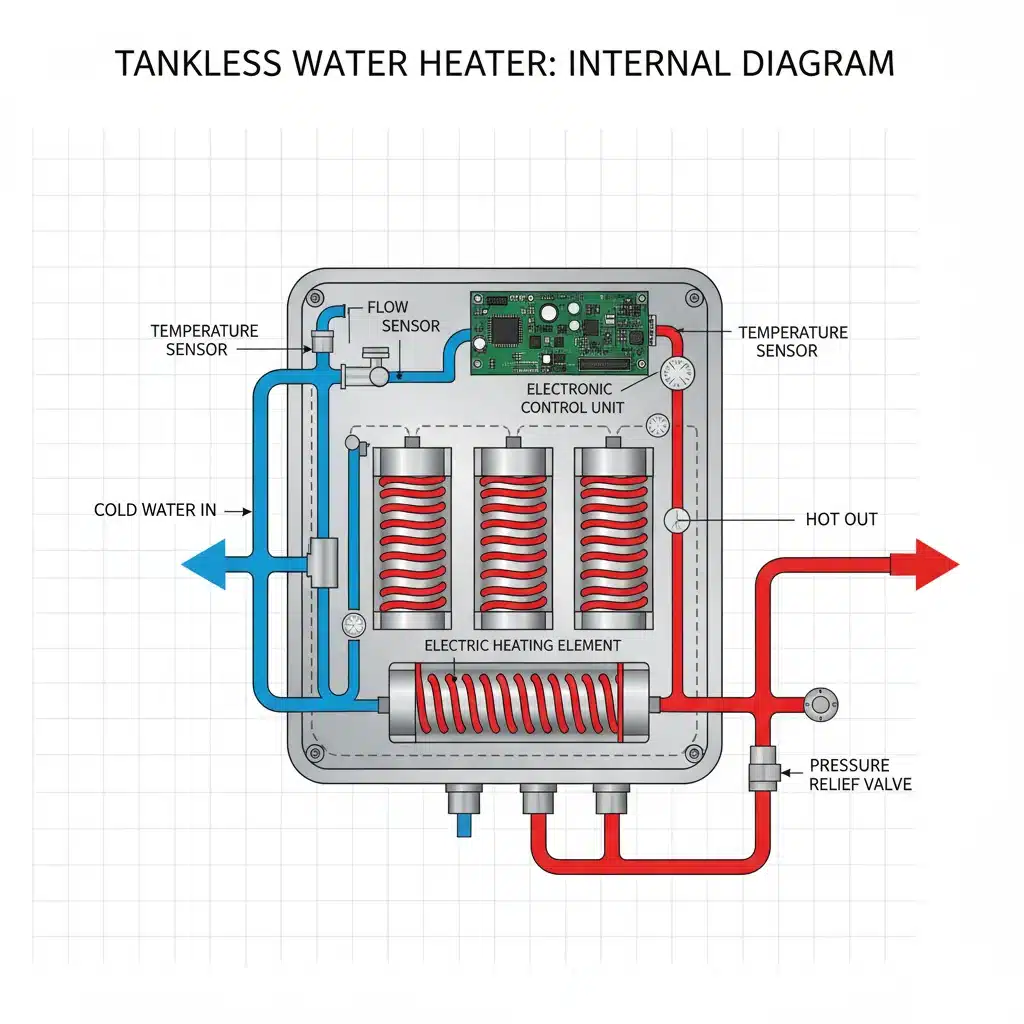 Diagram showing internal components and water flow of a tankless water heater