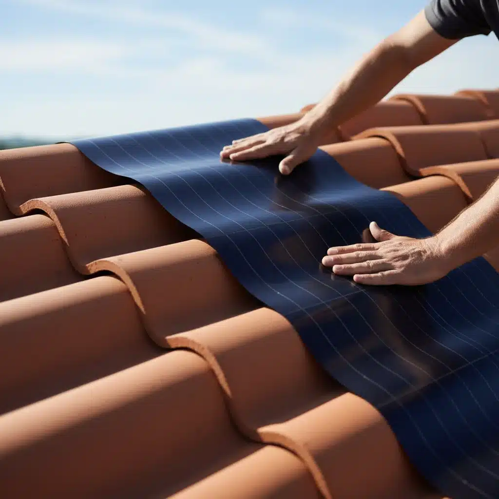 Technician installing flexible thin-film residential solar panel technology on a curved roof section.